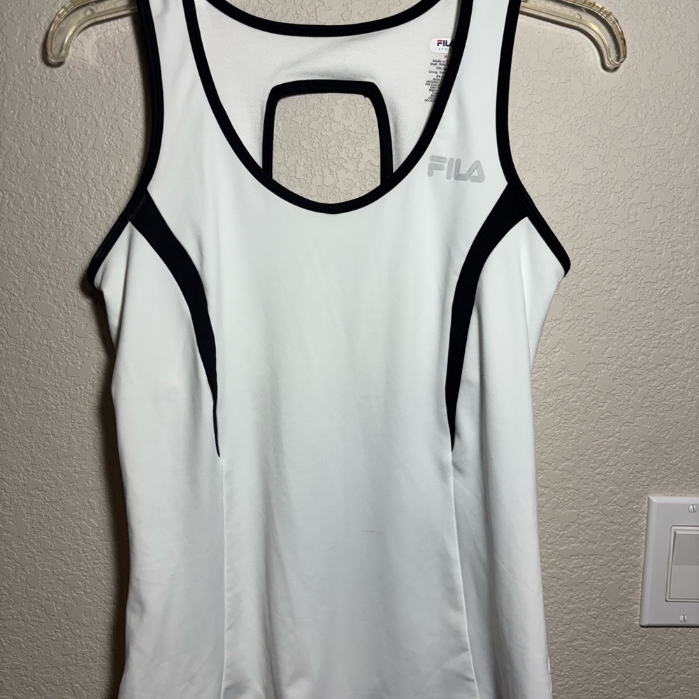 Fila White and BlackTrimmed Athletic Workout Top